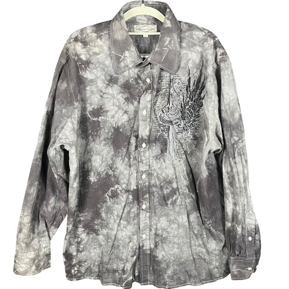 Eighty Eight Button Down Shirt Mens XL Grey Tie Dye Gothic Winged Sword Graphic